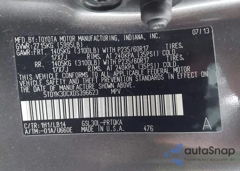 2013 Toyota Sienna Xle V6 8 Passenger from USA, damaged, VIN 5TDYK3DCXDS396623